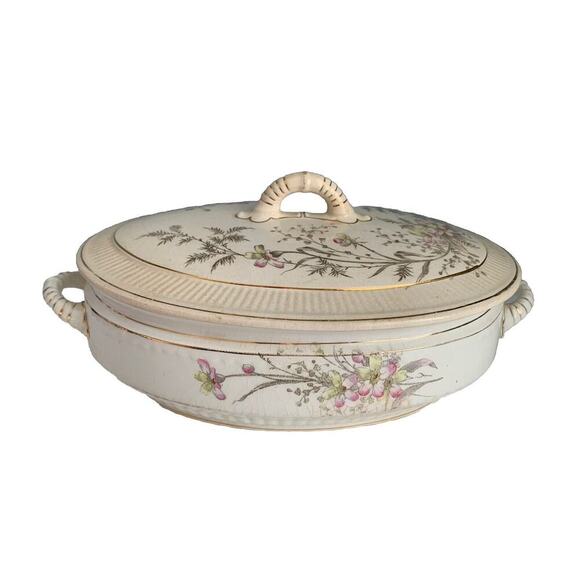 Antique Adamantine China Floral Pattern Covered Serving Dish Pink Yellow Flowers - Picture 1 of 14